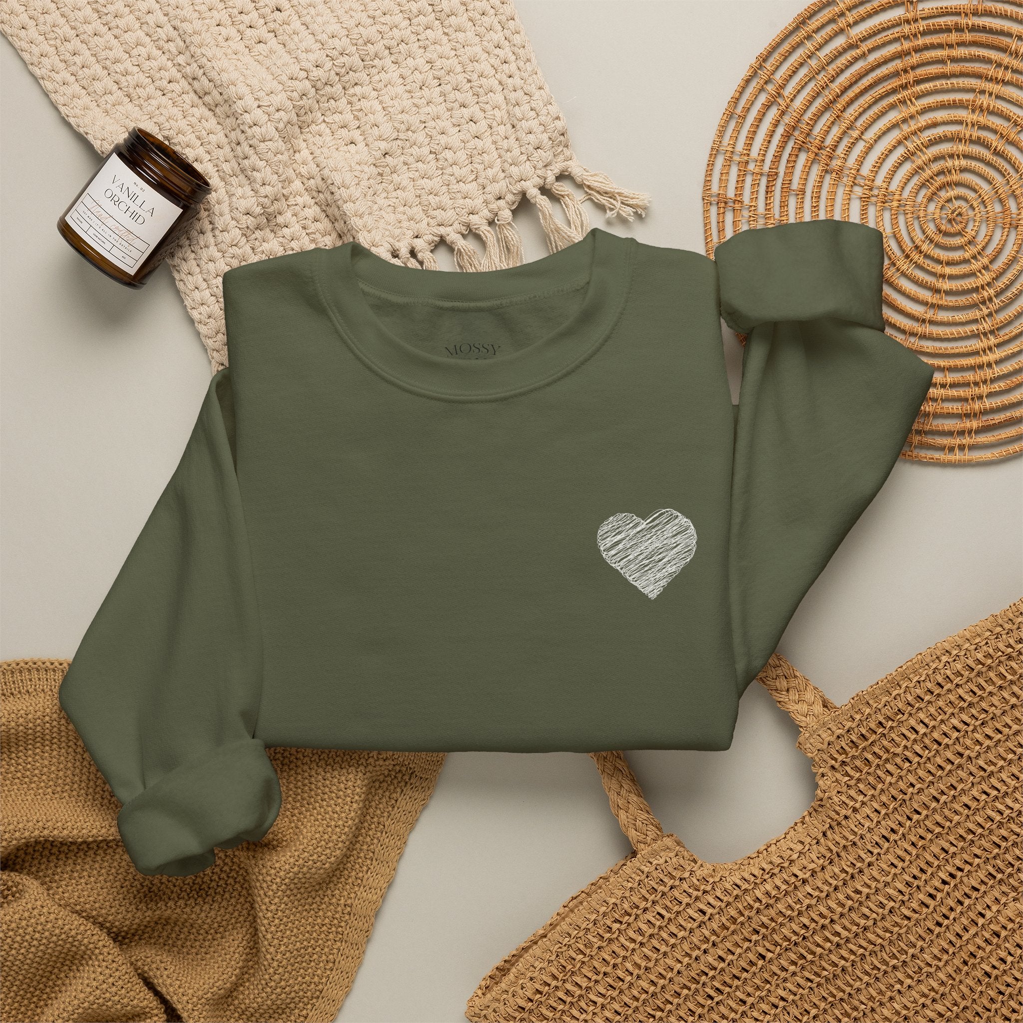 White Crewneck Sweatshirt with Small Gray Heart Chest Design