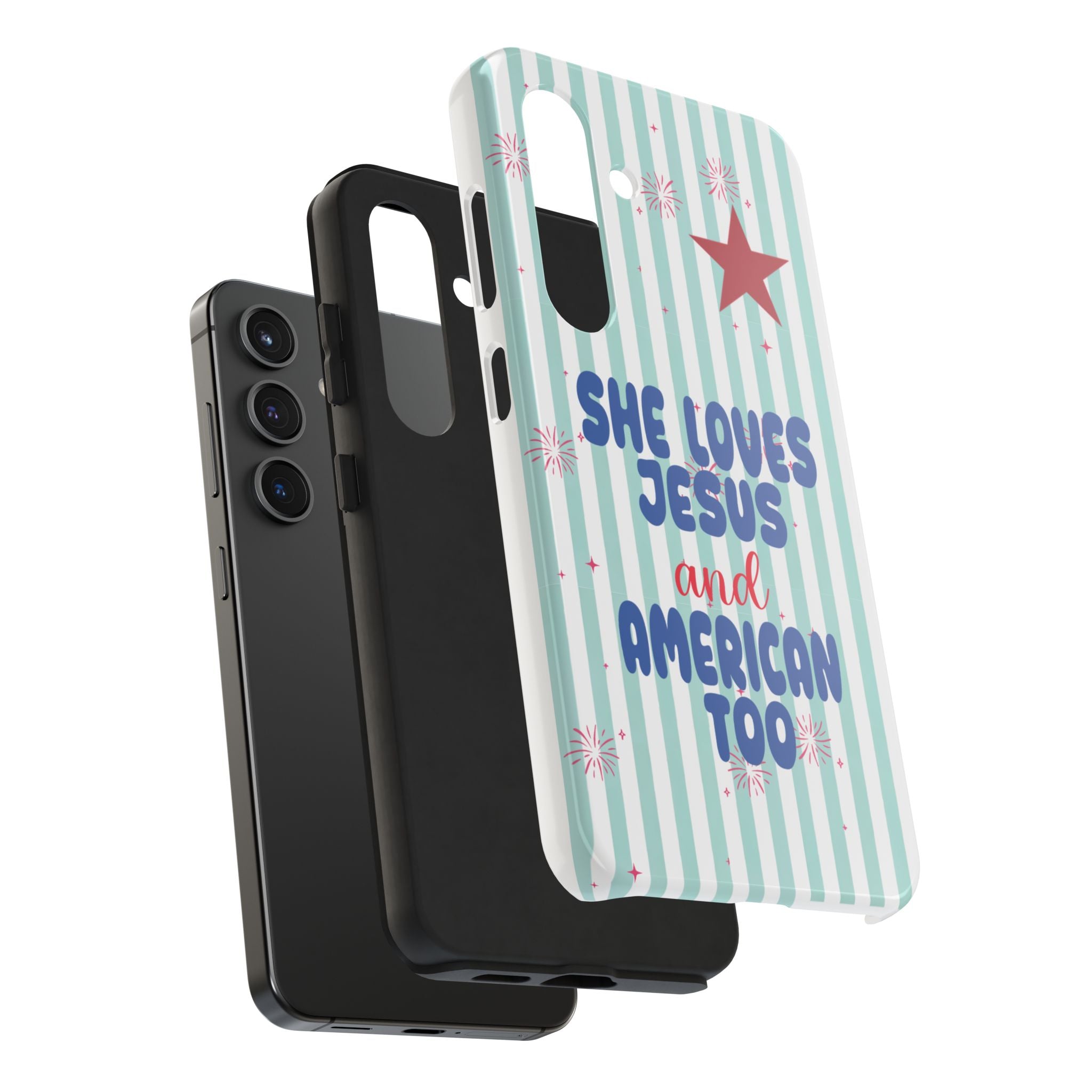 She Loves Jesus and American Too Tough Phone Case — Patriotic Faith iPhone Cover
