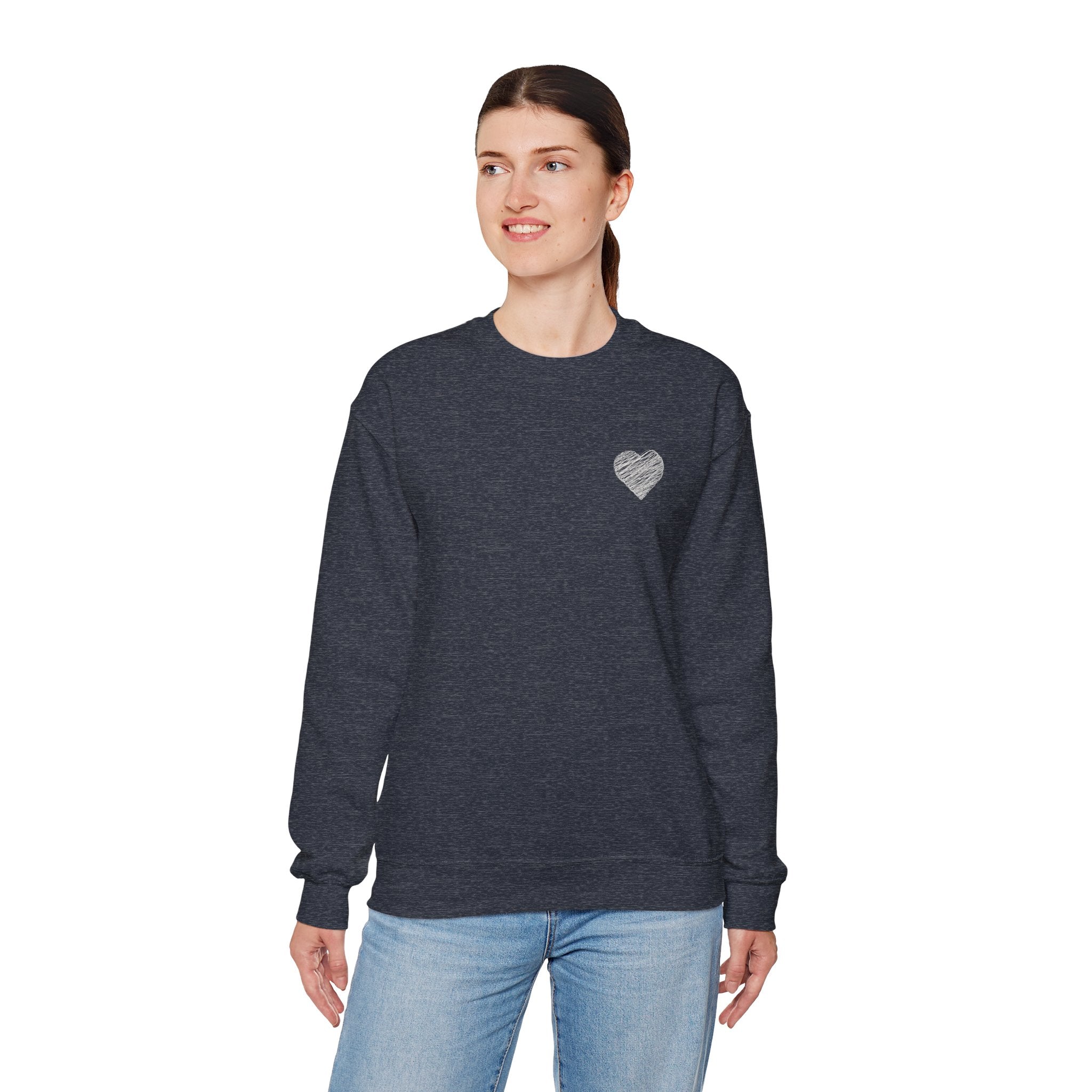 White Crewneck Sweatshirt with Small Gray Heart Chest Design