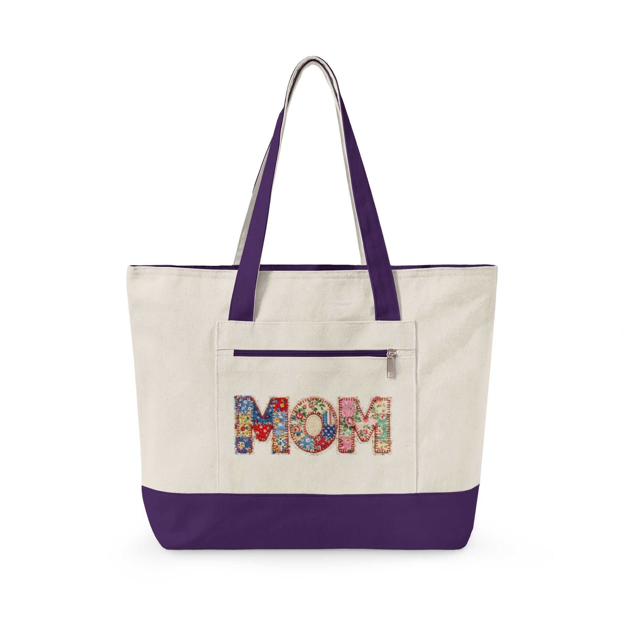 'Mom' Quilted Zippered Canvas Tote Bag – Durable Mom Bag for Mother's Day