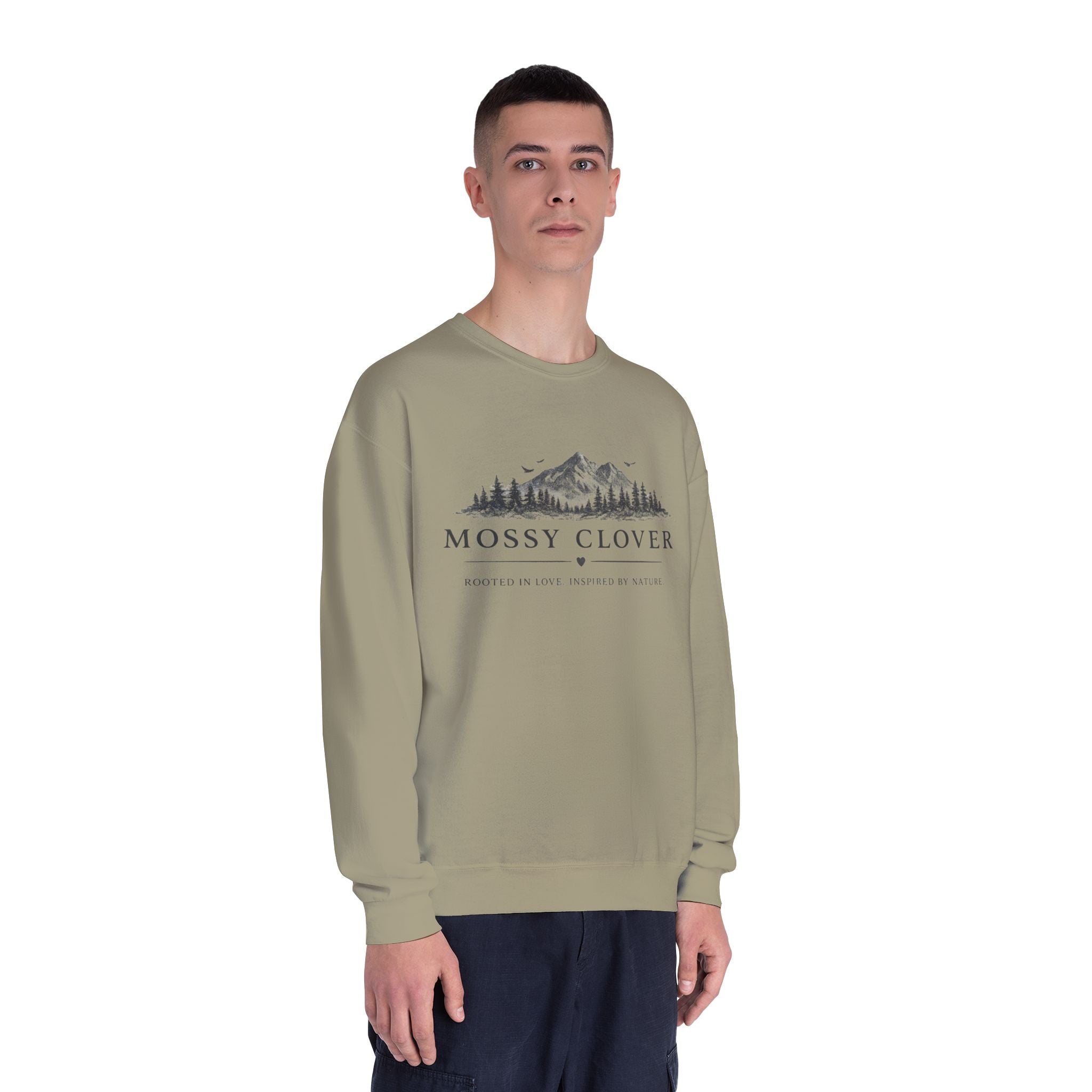 Mossy Clover Mountain Crewneck Sweatshirt — Rustic Nature Graphic Pullover