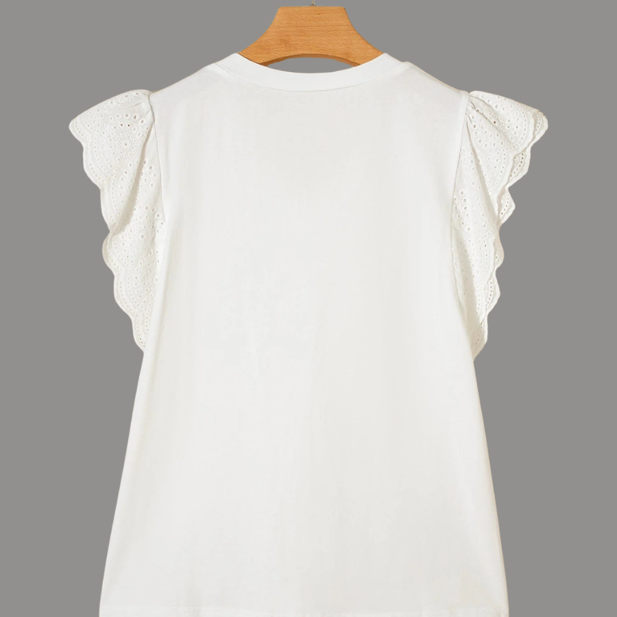 Eyelet Embroidered Flutter Sleeve Patchwork V-Neck Tee