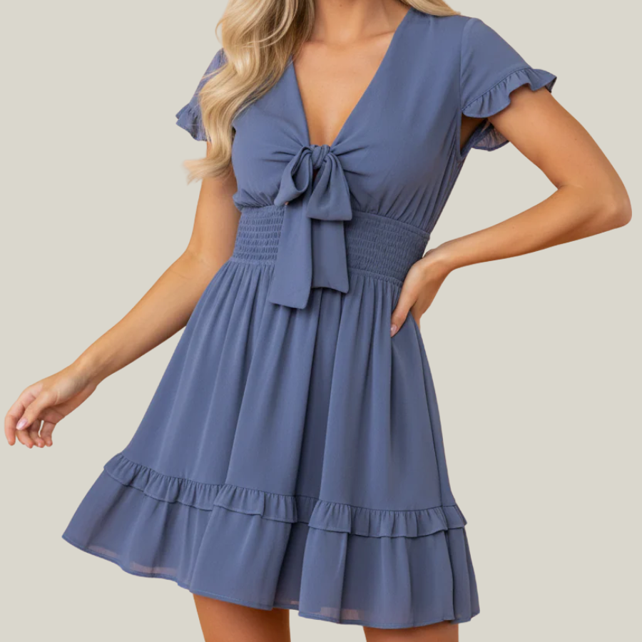 Deep V-Neck Knotted Front Layered Flare Mini Dress