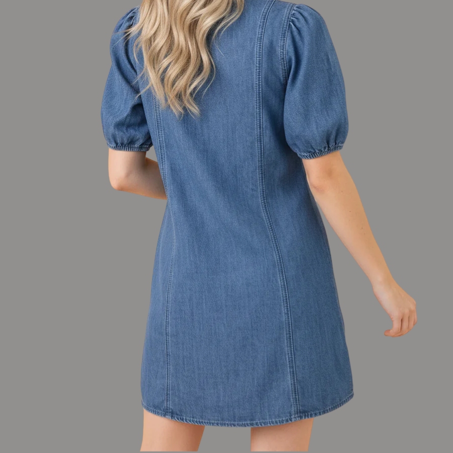 Denim Patchwork Collar Puff Sleeve Buttoned Mini Dress
