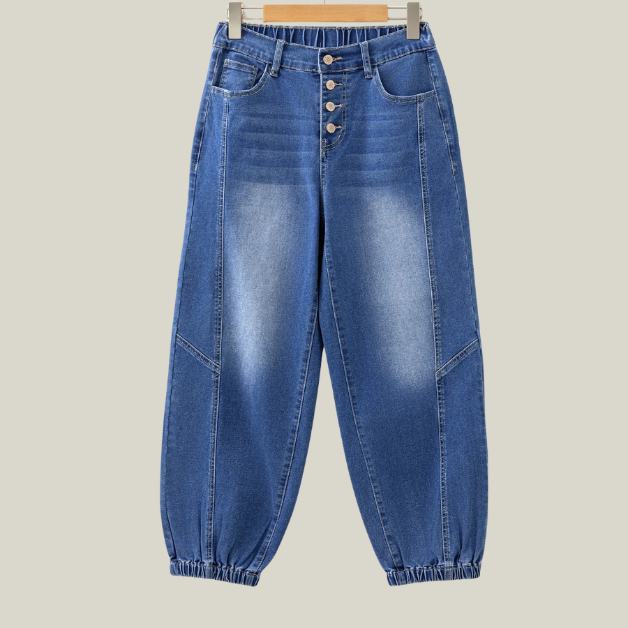 Denim Buttoned Fly Tapered Barrel Leg Jeans