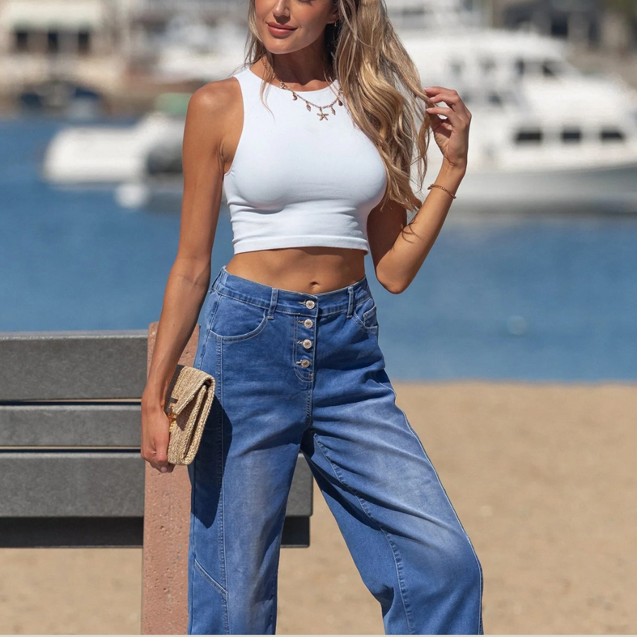 Denim Buttoned Fly Tapered Barrel Leg Jeans