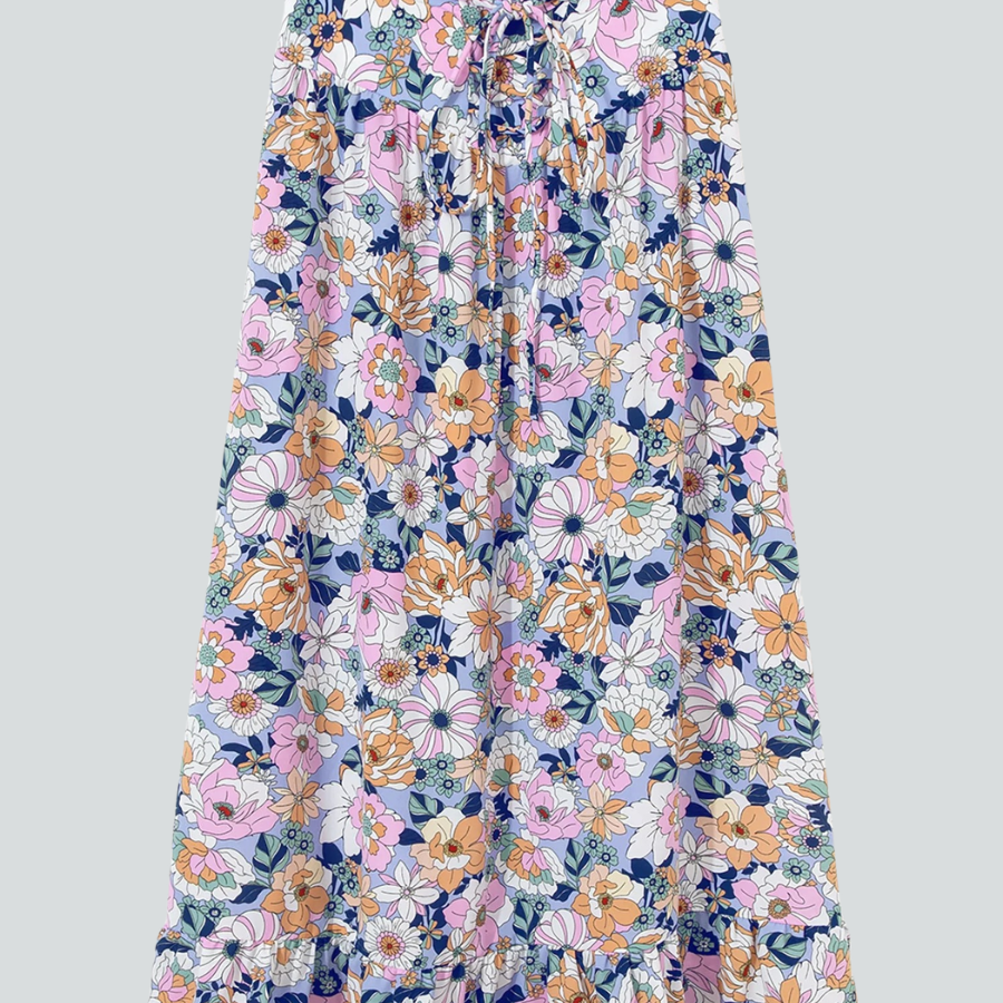 Floral Lace Up High Waist Ruffle Maxi Skirt