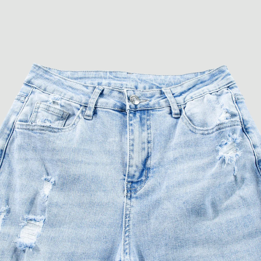 Distressed Denim Light Wash Straight Leg Jeans