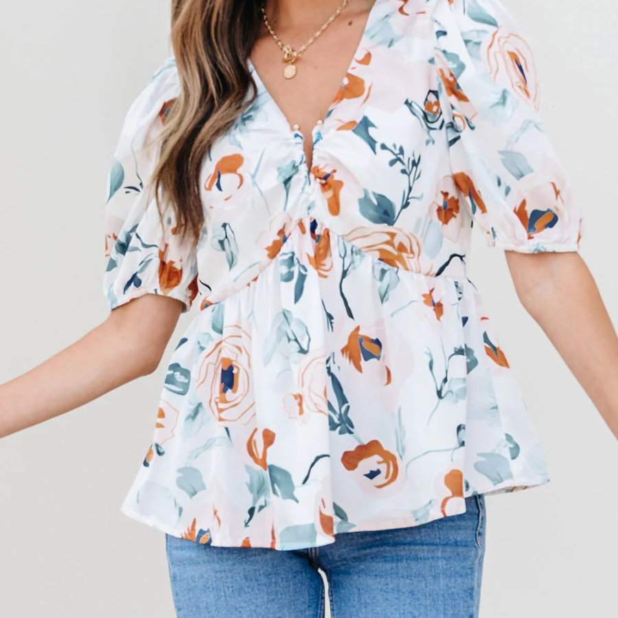 Floral Puff Sleeve V-Neck Babydoll Blouse