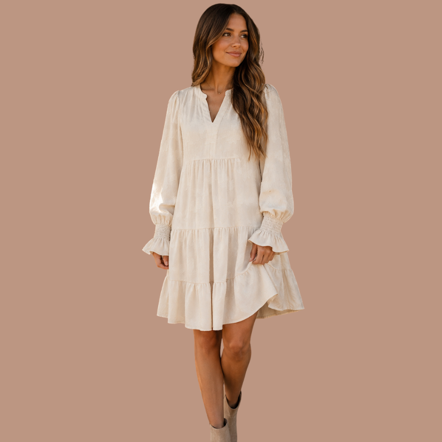 Floral Textured Long Sleeve Tiered Mini Dress