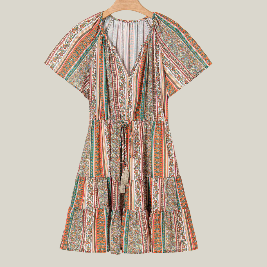 Floral Boho Buttoned V-Neck Ruffle Tiered Dress