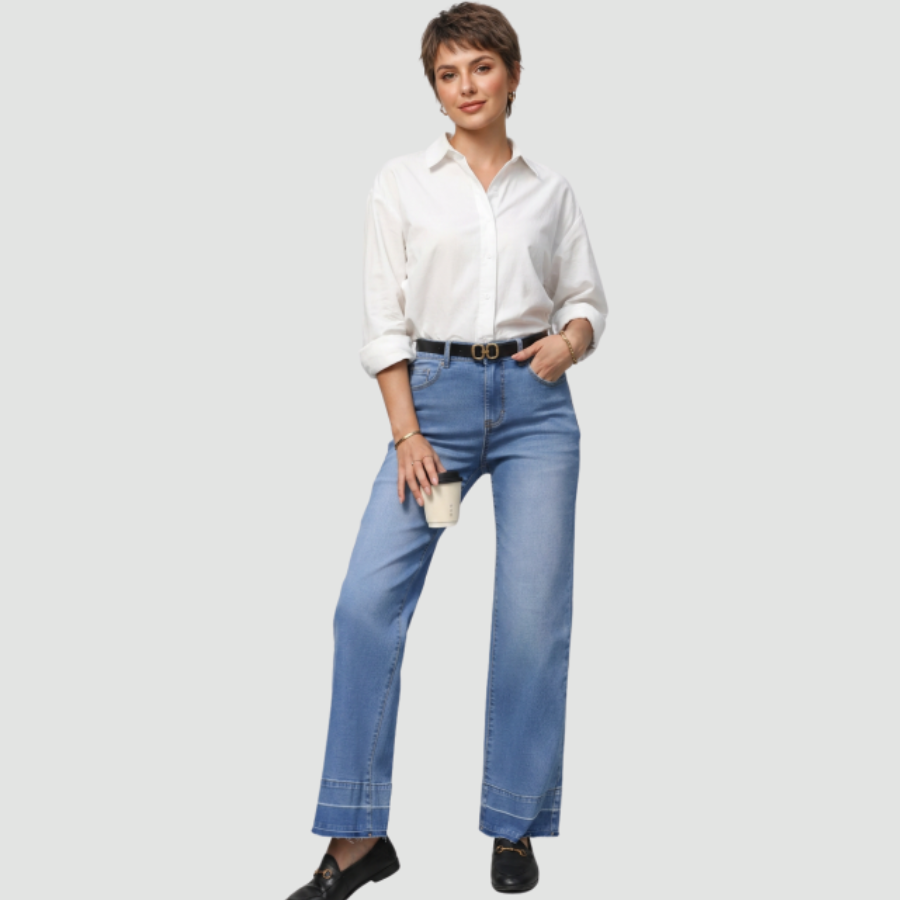 Denim Raw Hem Straight Leg Jeans