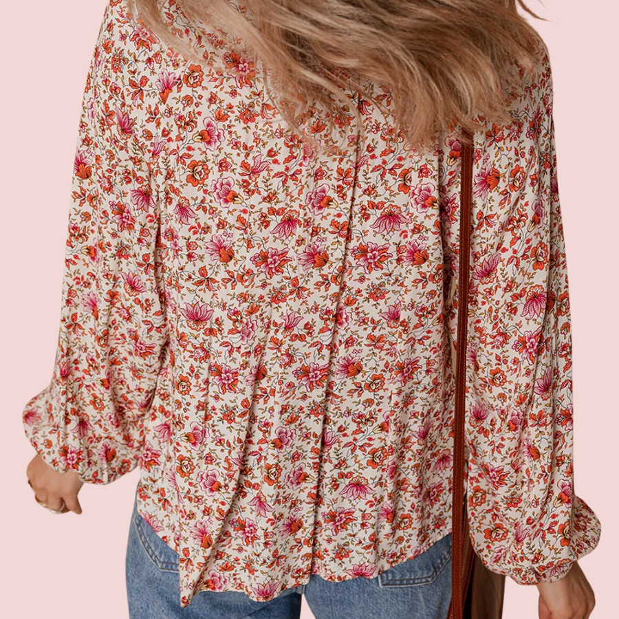 Floral Pleated Notched Neck Puff Sleeve Blouse