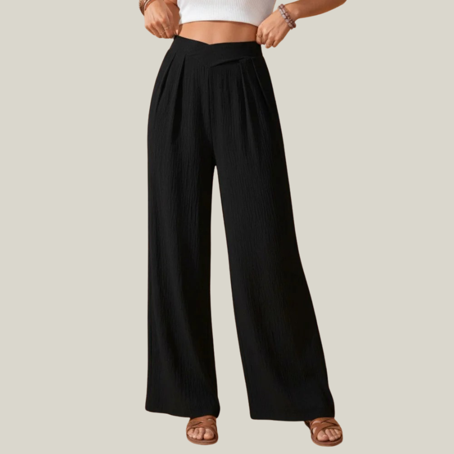 Solid Textured Crossed Waist Wide Leg Pants