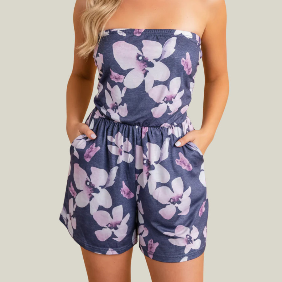 Floral Ruched Strapless Bandeau Pocketed Romper
