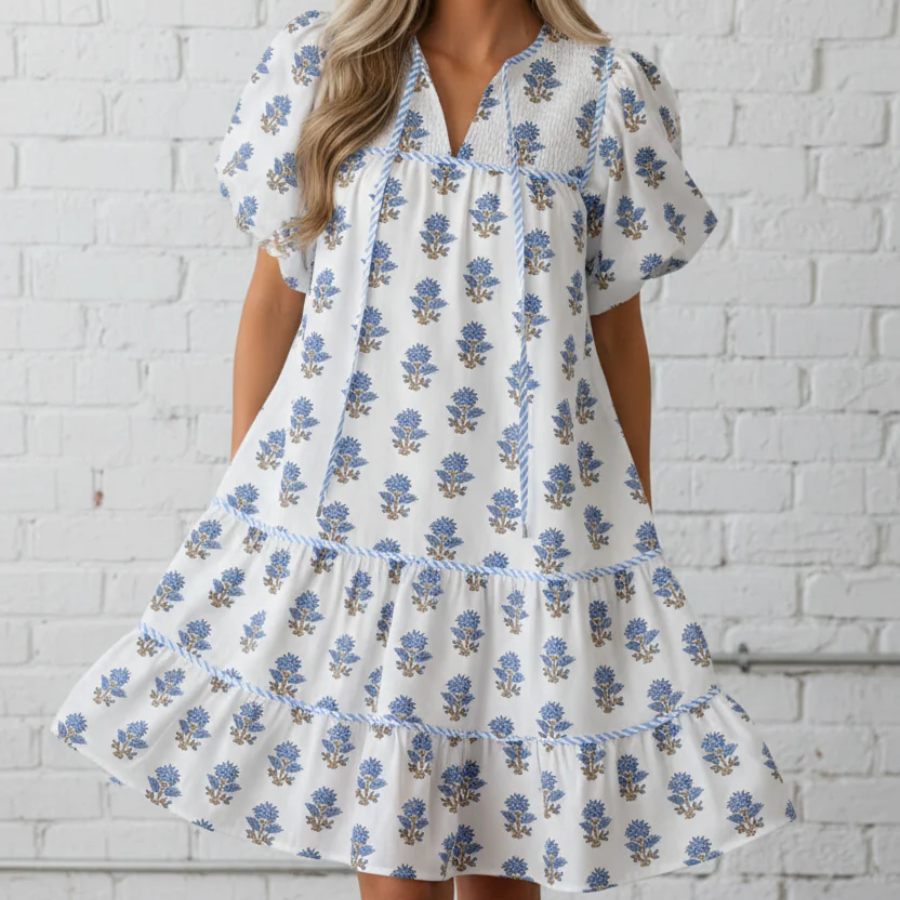 Floral Puff Sleeve Tied Neck Pocketed Mini Dress