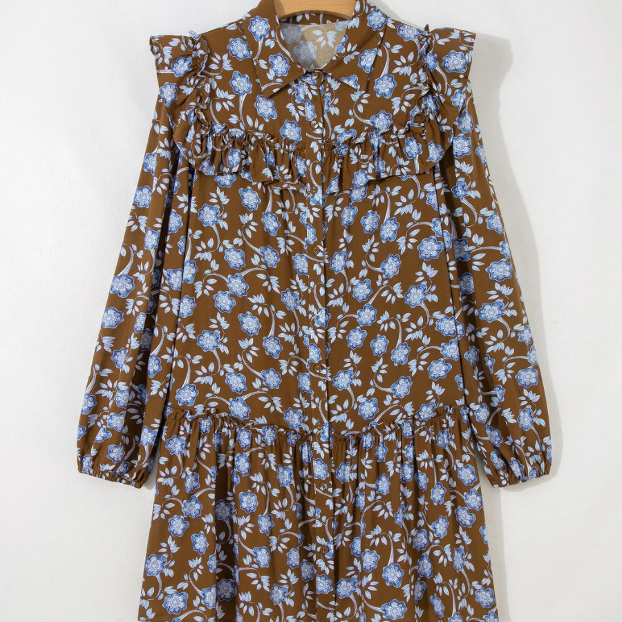 Floral Ruffle Shirt Collar Buttoned Long Sleeve Dress