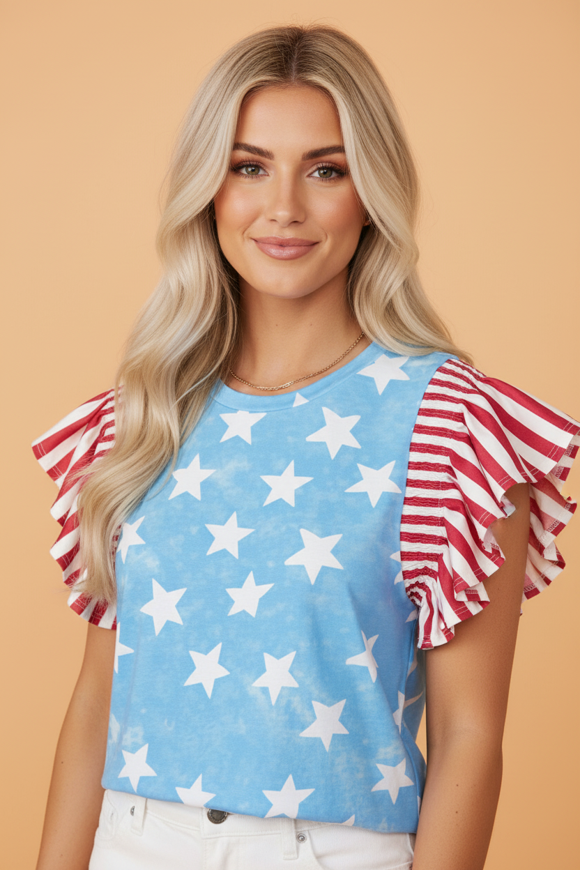 Stars & Stripes Mineral Wash Ruffle Sleeve Top