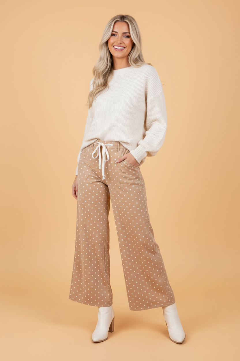 Marina Dot Wide-Leg Trousers — Drawstring High-Waist Pants
