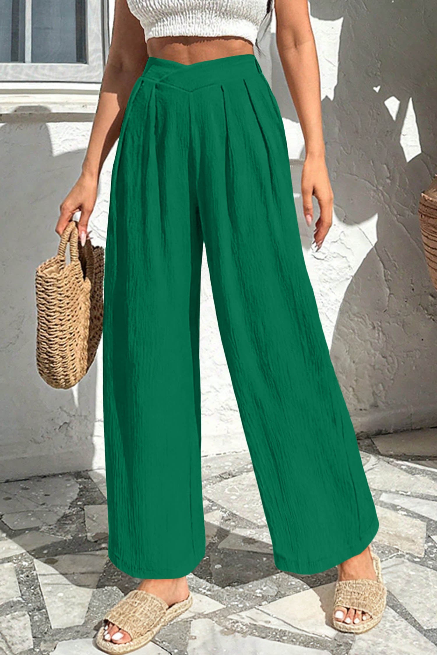 Contour Cross-Waist Trousers — Textured Wide-Leg Pants
