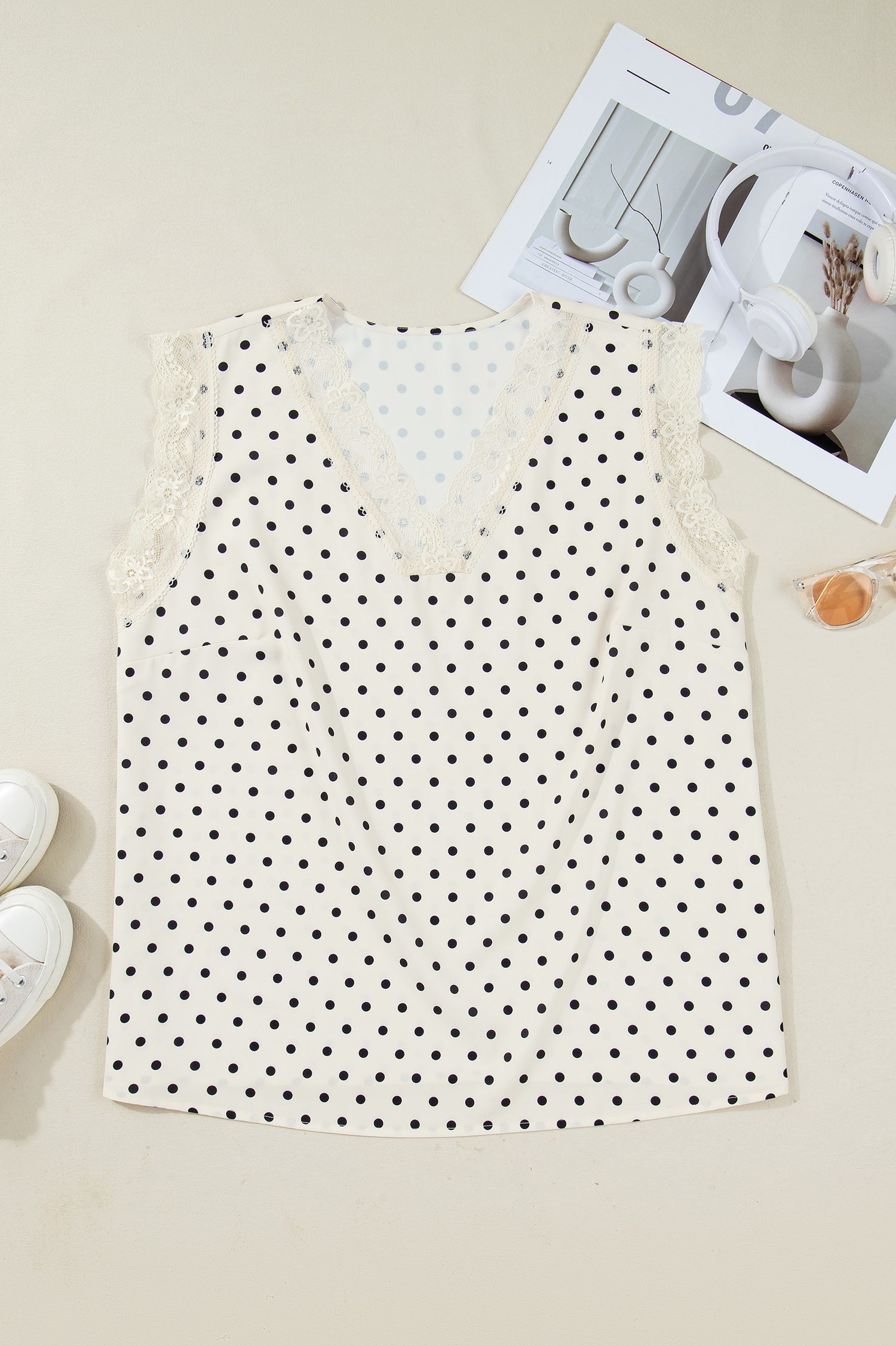 Dottie Lace V-Neck Top — Sleeveless Polka Dot Blouse