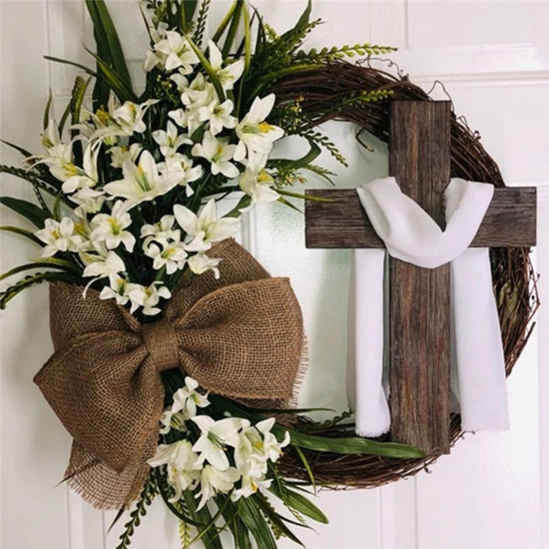 Lily Cross Wreath – Rustic Spring Door Decor