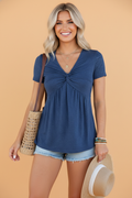 Knotline V-Neck Blouse — Twist Front Short Sleeve Top