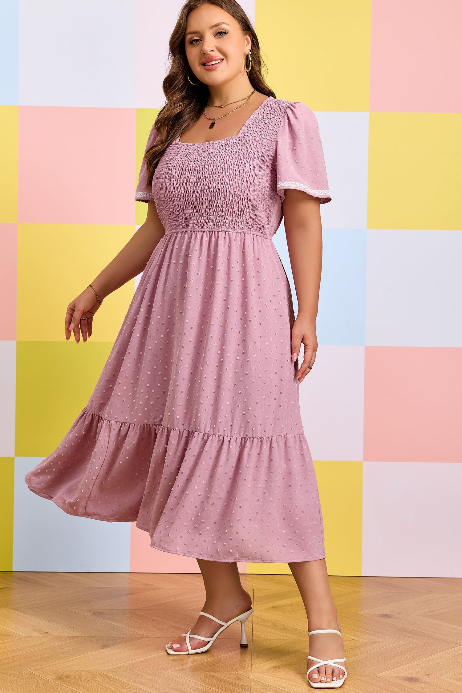 Dot Smoky Rose Flowy ~ Midi Dress