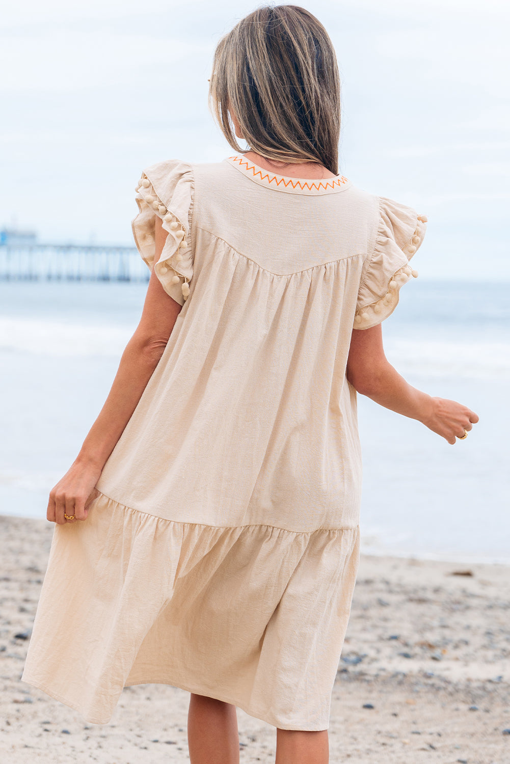 Linen Embroidery Pom Pom Ruffle Dress