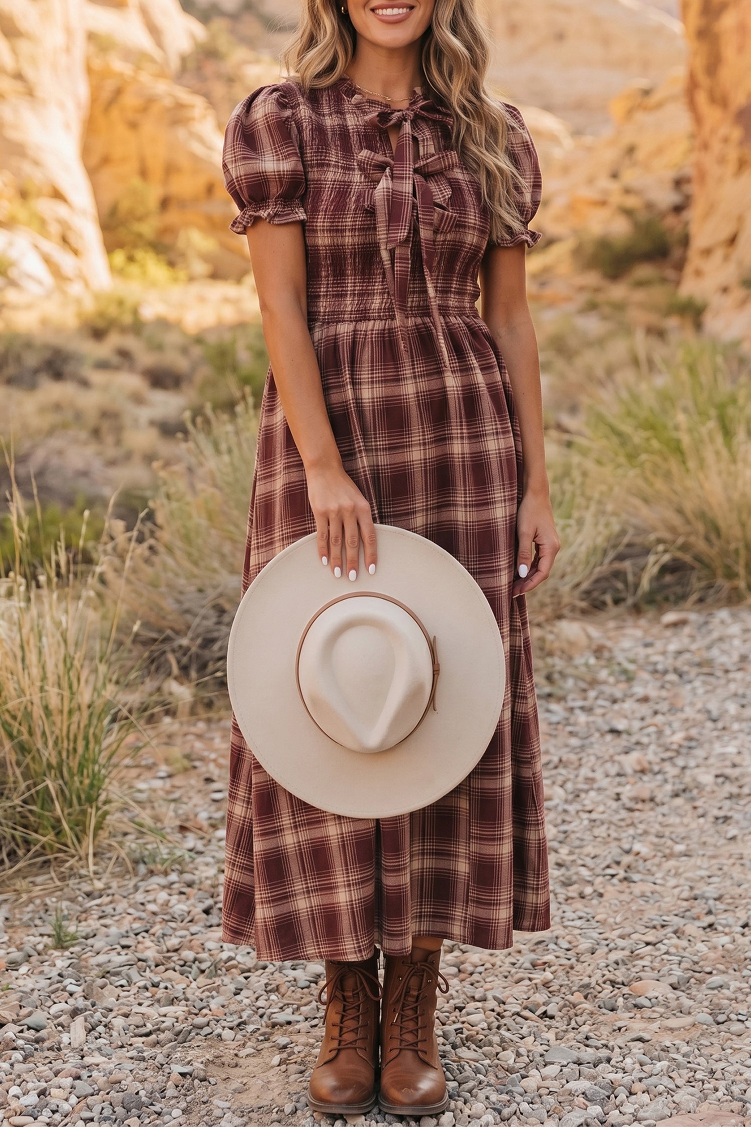 The Cider Orchard Vintage Plaid Knot Front Smocked High Waist Midi Dress for Women