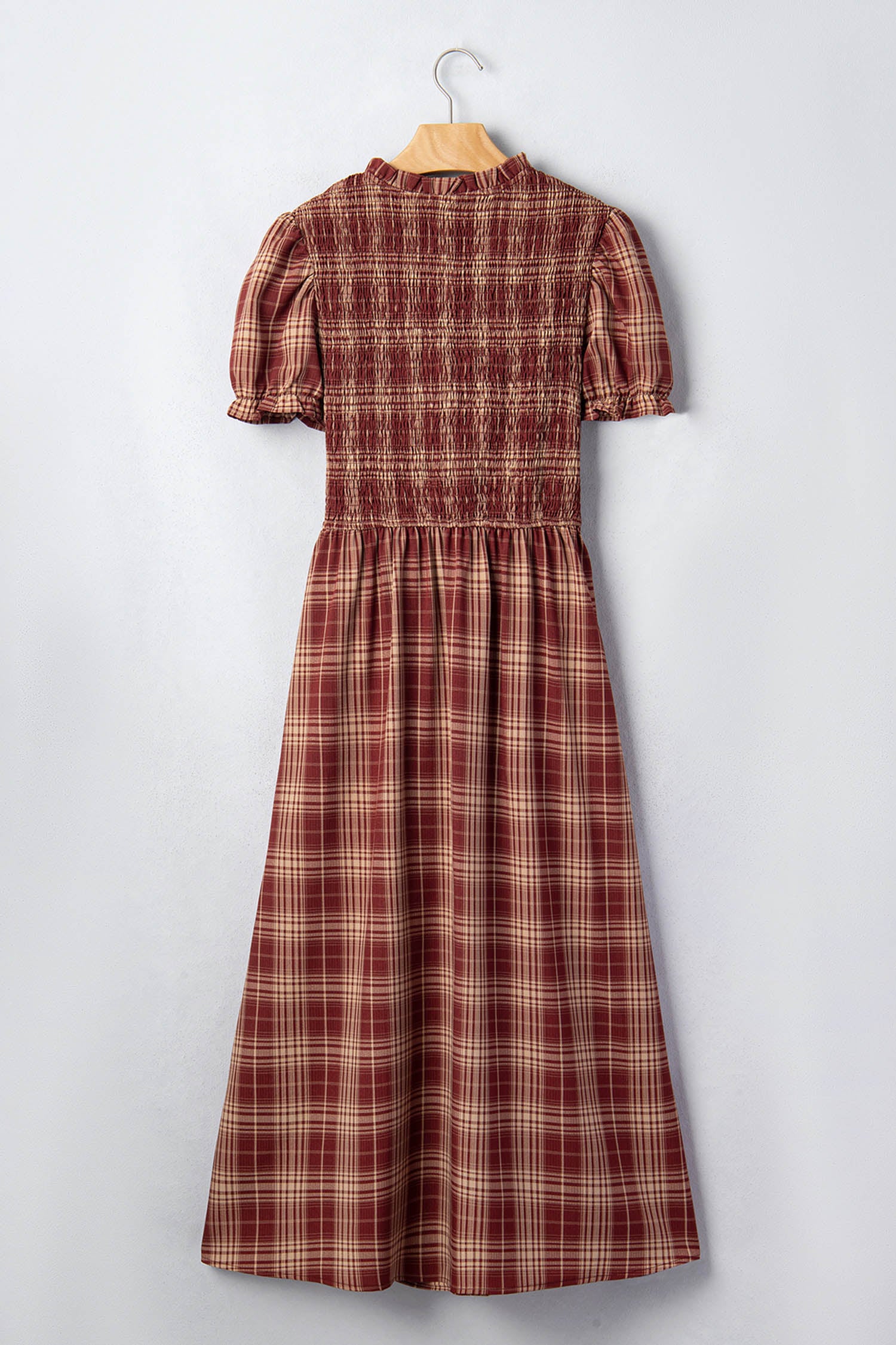 The Cider Orchard Vintage Plaid Knot Front Smocked High Waist Midi Dress for Women