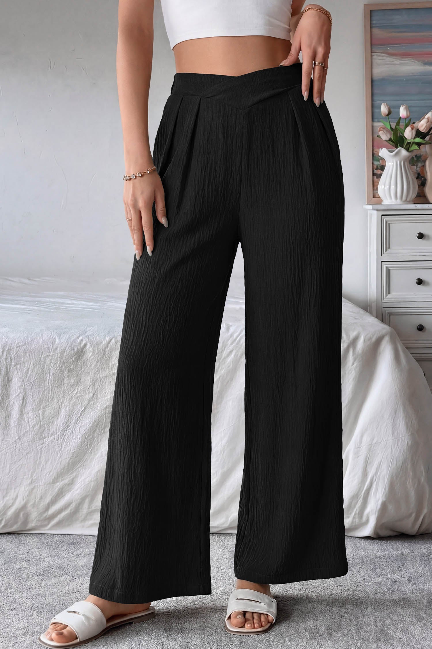 Contour Cross-Waist Trousers — Textured Wide-Leg Pants
