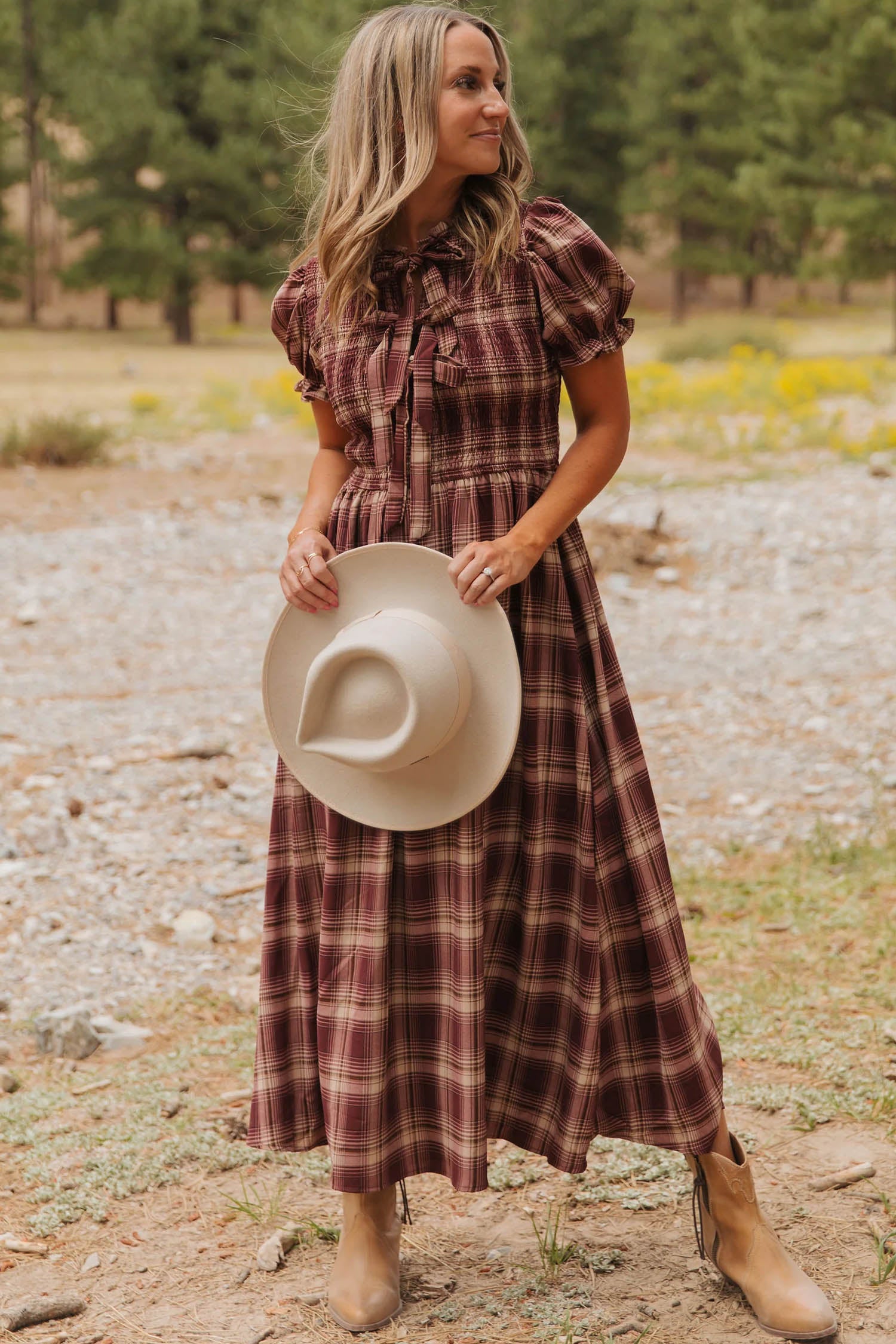 The Cider Orchard Vintage Plaid Knot Front Smocked High Waist Midi Dress for Women