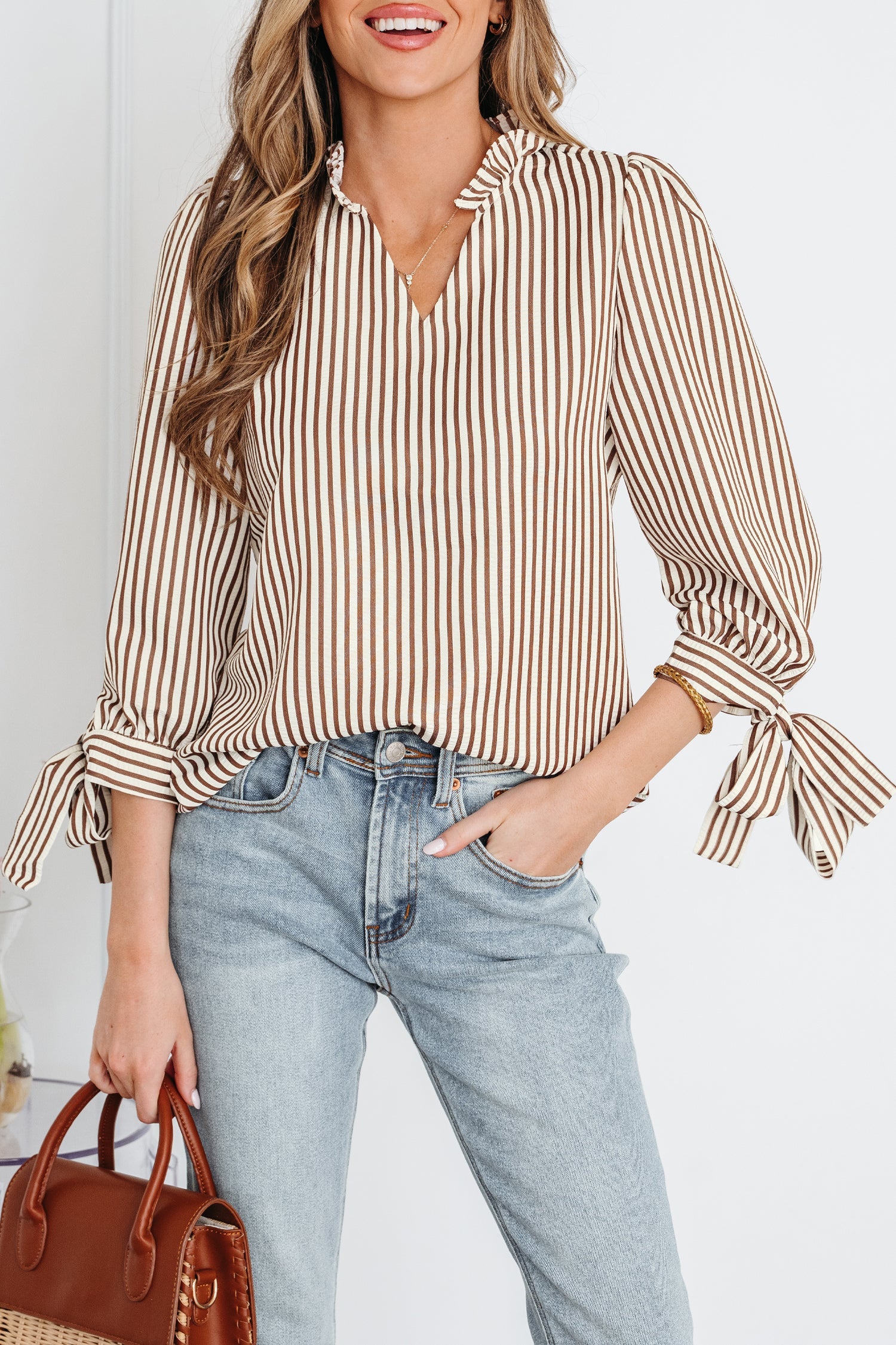 Blair Seersucker Blouse — Tie-Cuff Stripe Top