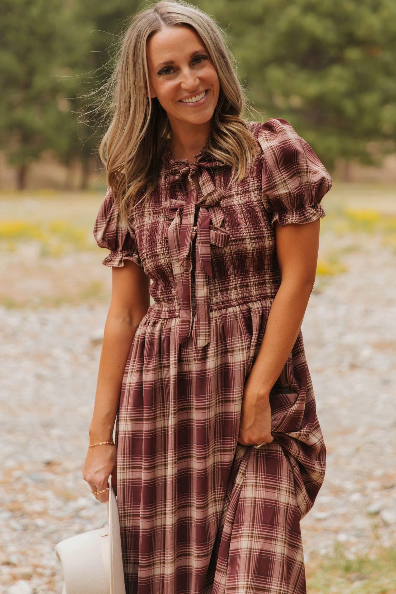 The Cider Orchard Vintage Plaid Knot Front Smocked High Waist Midi Dress for Women