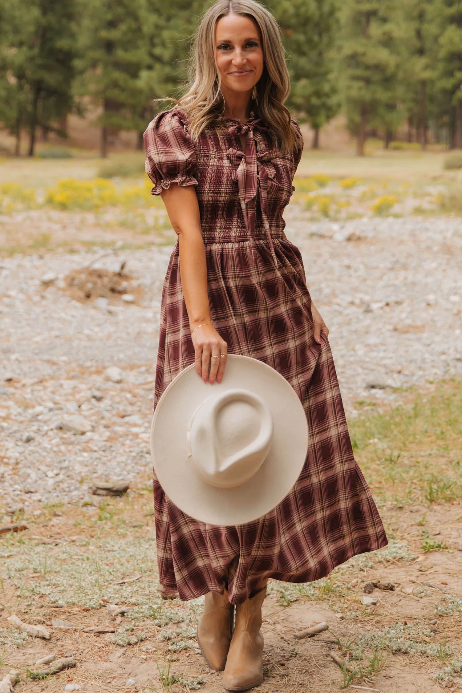 The Cider Orchard Vintage Plaid Knot Front Smocked High Waist Midi Dress for Women