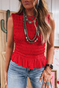 Solid Shirred Ruffle Peplum Hem Tank Top