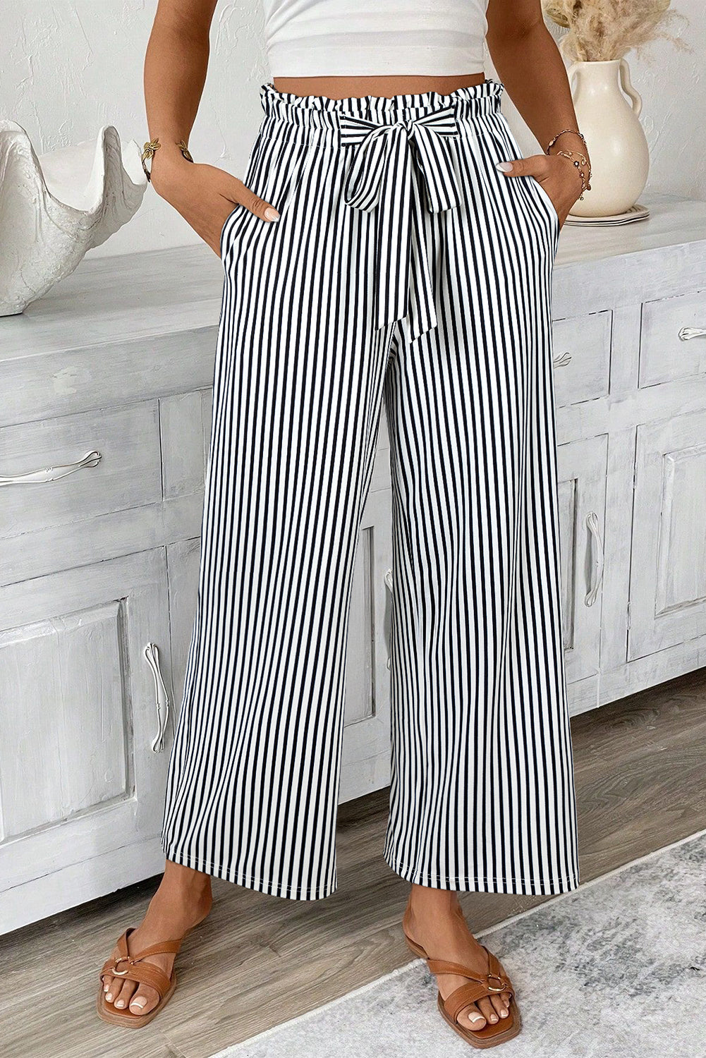 Harbor Stripe ~ Tied High Waist Straight Leg Pants