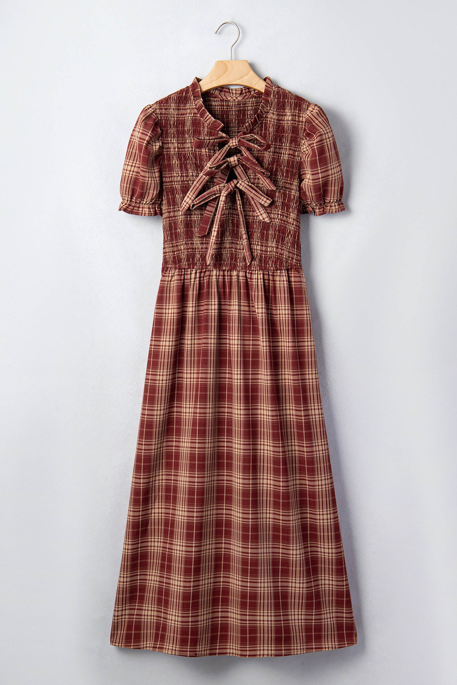 The Cider Orchard Vintage Plaid Knot Front Smocked High Waist Midi Dress for Women