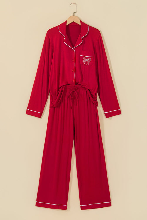 Bow Embroidered Buttoned Shirt & Pants Pajama Set
